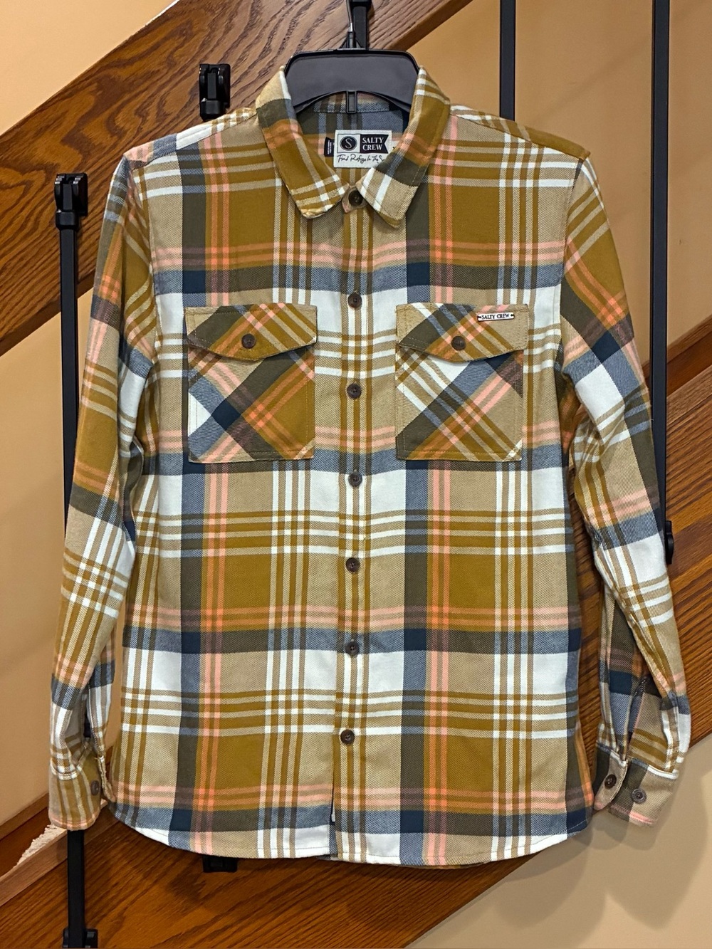 Salty Crew Shirt long haul Plaid Button-Up Pockets Long Sleeve Gold multi SZ.XS